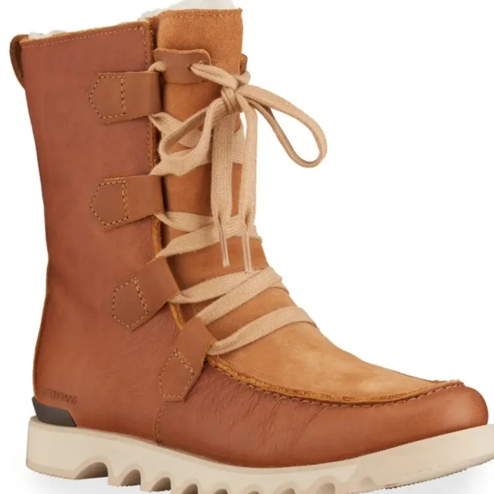 Sorel Kezar Waterproof Leather- Suede Tall Storm Sherpa Lined Laceup Boots Tan - Picture 2 of 8